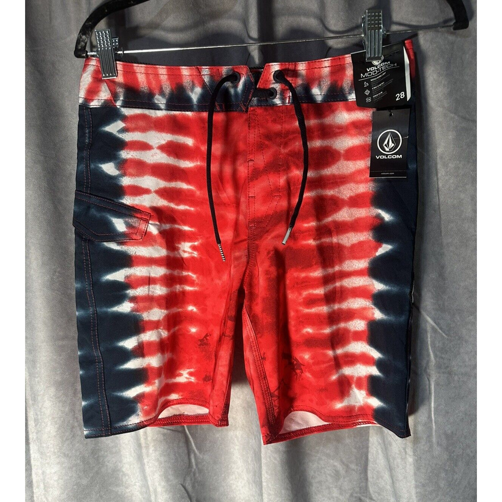 Volcom Quatro De Julio Swim Trunks Boys 28 Red Flap Patch Pocket Logo Drawstring